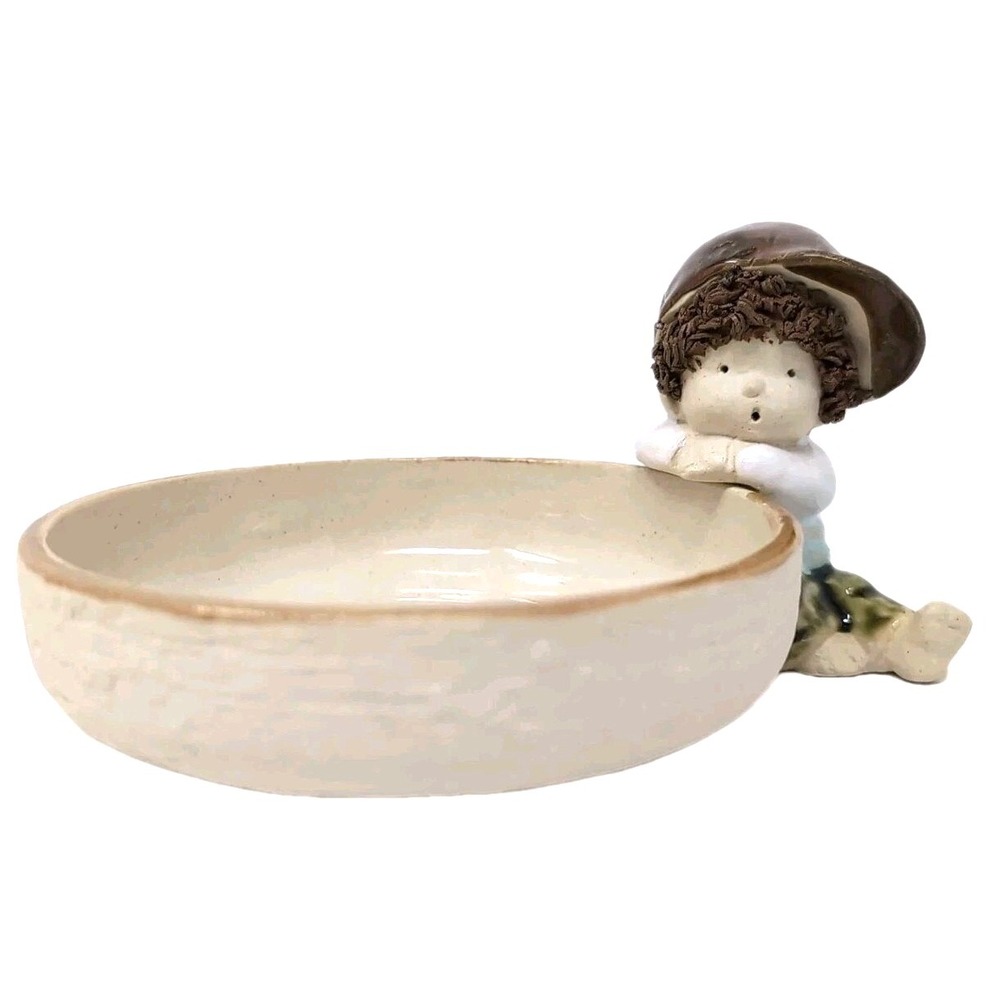 Vtg Ceramic‎ Boy Child Figurine Trinket Dish Bowl Made In Japan Bisque Textured